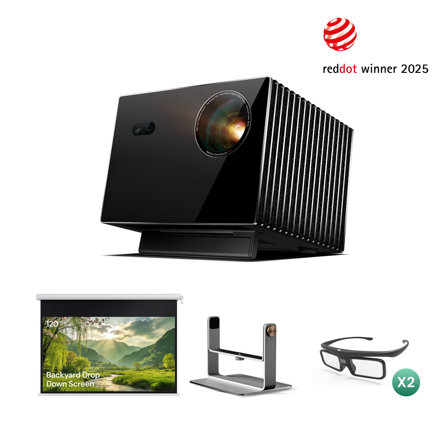 VisionMaster Max + Standfuß + 120" motorisierte Rollleinwand + Gratis 3D-Brillen (2 Paar)