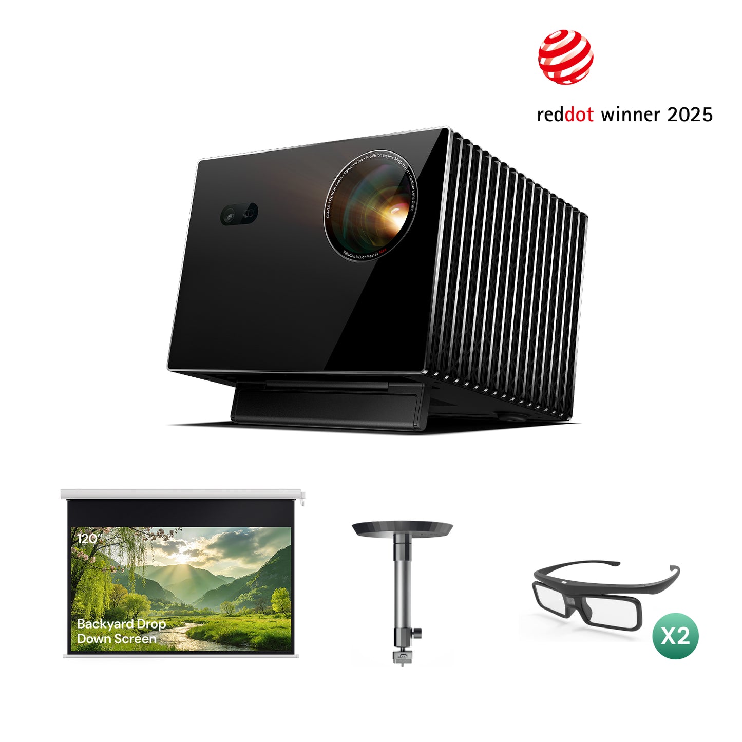 VisionMaster Max + Standfuß + 120" motorisierte Rollleinwand + Gratis 3D-Brillen (2 Paar)