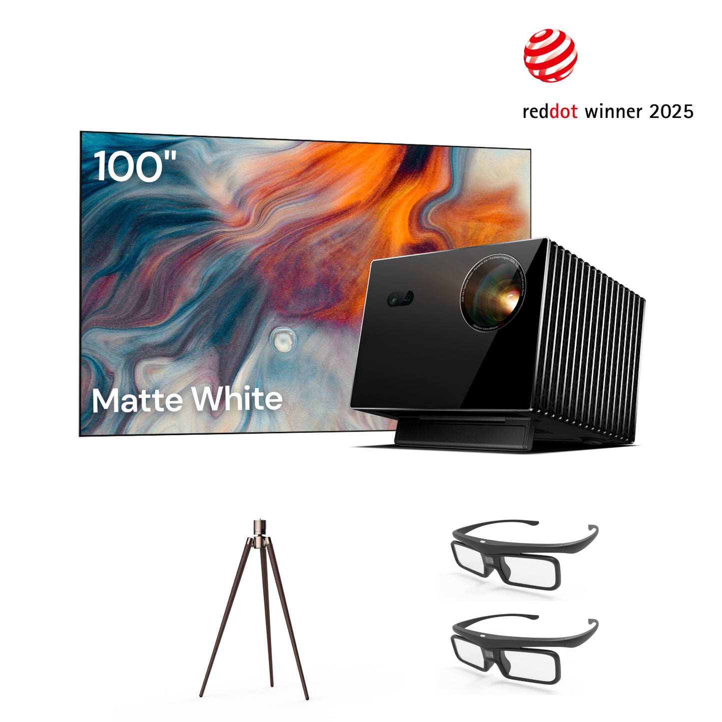 VisionMaster Max+Ständer+Mattweißer Bildschirm100"+3D-Brille (2er-Pack)