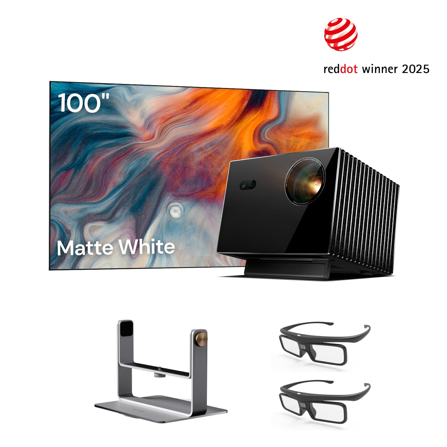 VisionMaster Max+Ständer+Mattweißer Bildschirm100"+3D-Brille (2er-Pack)
